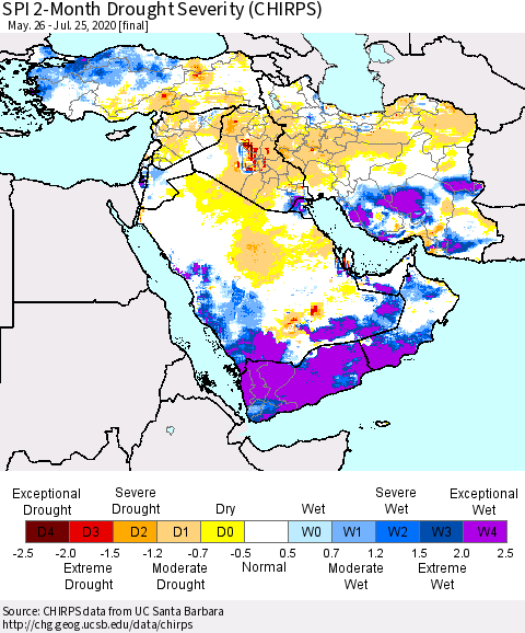 Middle East and Turkey SPI 2-Month Drought Severity (CHIRPS) Thematic Map For 5/26/2020 - 7/25/2020