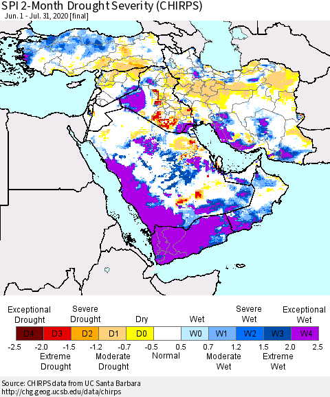 Middle East and Turkey SPI 2-Month Drought Severity (CHIRPS) Thematic Map For 6/1/2020 - 7/31/2020