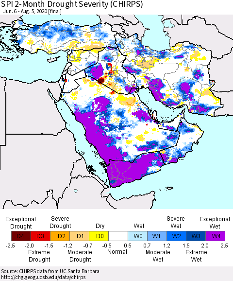 Middle East and Turkey SPI 2-Month Drought Severity (CHIRPS) Thematic Map For 6/6/2020 - 8/5/2020