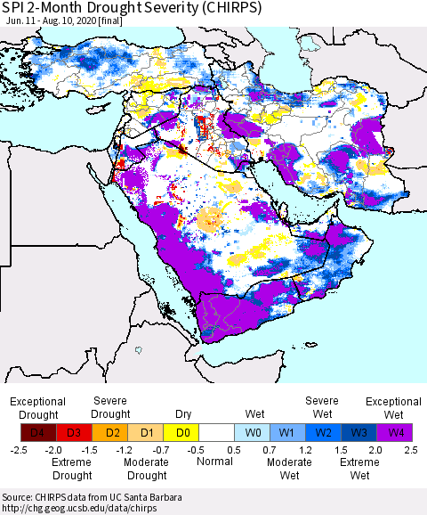 Middle East and Turkey SPI 2-Month Drought Severity (CHIRPS) Thematic Map For 6/11/2020 - 8/10/2020
