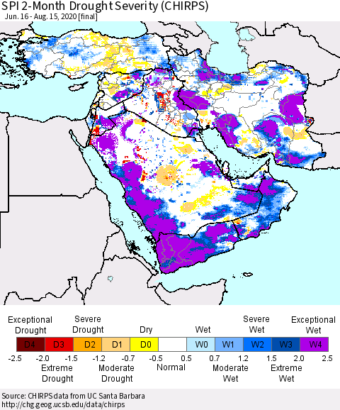 Middle East and Turkey SPI 2-Month Drought Severity (CHIRPS) Thematic Map For 6/16/2020 - 8/15/2020