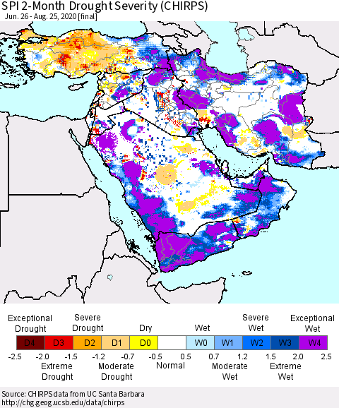 Middle East and Turkey SPI 2-Month Drought Severity (CHIRPS) Thematic Map For 6/26/2020 - 8/25/2020