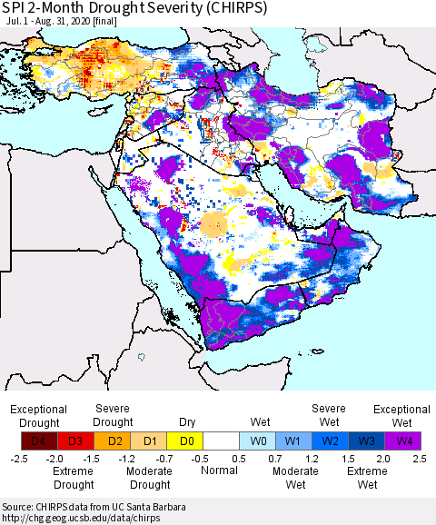 Middle East and Turkey SPI 2-Month Drought Severity (CHIRPS) Thematic Map For 7/1/2020 - 8/31/2020
