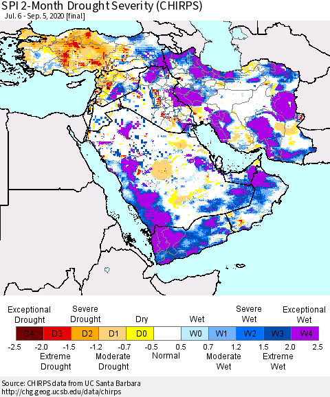 Middle East and Turkey SPI 2-Month Drought Severity (CHIRPS) Thematic Map For 7/6/2020 - 9/5/2020