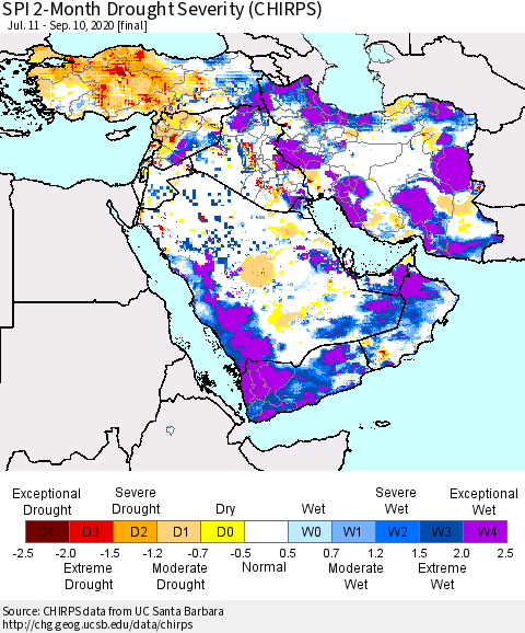 Middle East and Turkey SPI 2-Month Drought Severity (CHIRPS) Thematic Map For 7/11/2020 - 9/10/2020