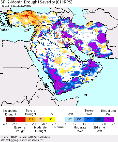 Middle East and Turkey SPI 2-Month Drought Severity (CHIRPS) Thematic Map For 7/16/2020 - 9/15/2020