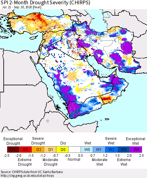 Middle East and Turkey SPI 2-Month Drought Severity (CHIRPS) Thematic Map For 7/21/2020 - 9/20/2020