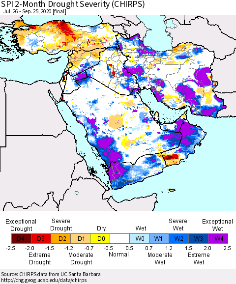 Middle East and Turkey SPI 2-Month Drought Severity (CHIRPS) Thematic Map For 7/26/2020 - 9/25/2020