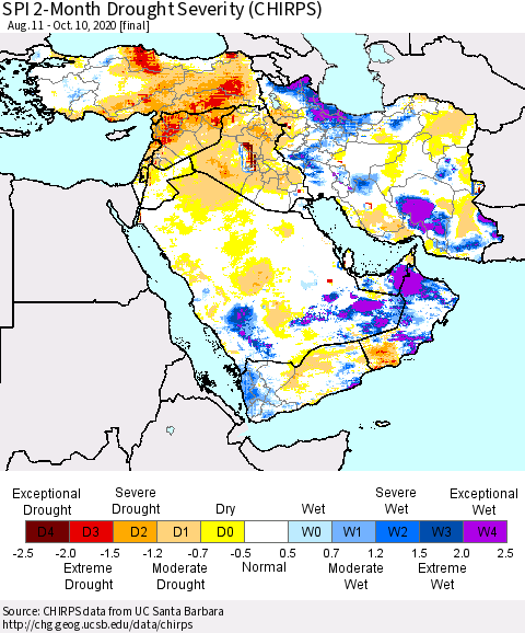 Middle East and Turkey SPI 2-Month Drought Severity (CHIRPS) Thematic Map For 8/11/2020 - 10/10/2020