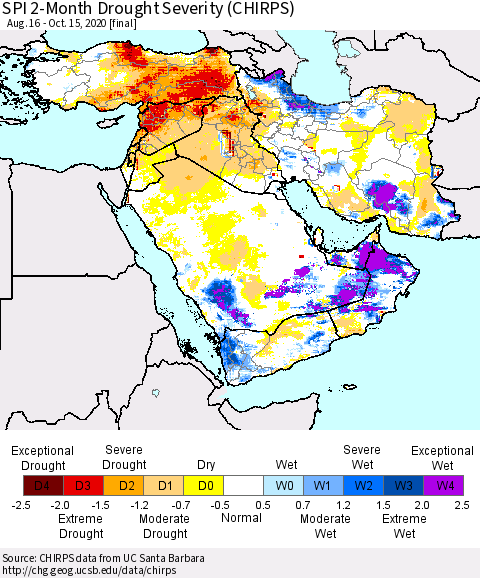 Middle East and Turkey SPI 2-Month Drought Severity (CHIRPS) Thematic Map For 8/16/2020 - 10/15/2020