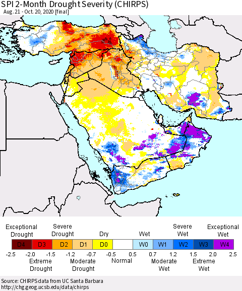 Middle East and Turkey SPI 2-Month Drought Severity (CHIRPS) Thematic Map For 8/21/2020 - 10/20/2020