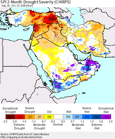 Middle East and Turkey SPI 2-Month Drought Severity (CHIRPS) Thematic Map For 8/26/2020 - 10/25/2020