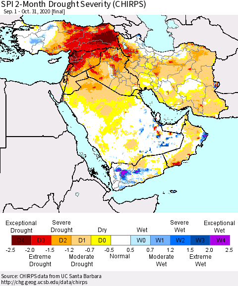 Middle East and Turkey SPI 2-Month Drought Severity (CHIRPS) Thematic Map For 9/1/2020 - 10/31/2020