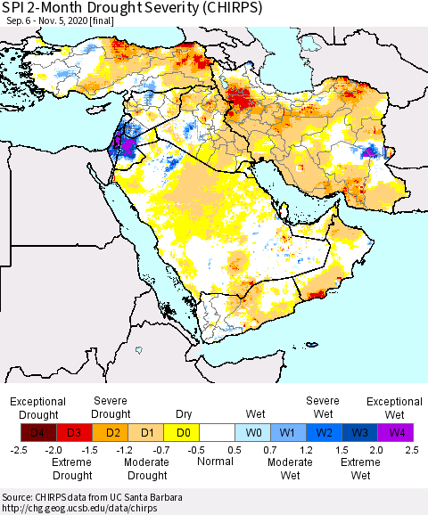 Middle East and Turkey SPI 2-Month Drought Severity (CHIRPS) Thematic Map For 9/6/2020 - 11/5/2020