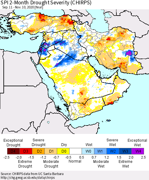 Middle East and Turkey SPI 2-Month Drought Severity (CHIRPS) Thematic Map For 9/11/2020 - 11/10/2020