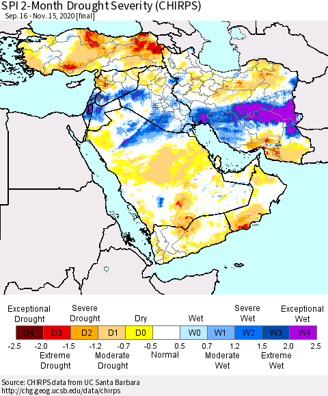 Middle East and Turkey SPI 2-Month Drought Severity (CHIRPS) Thematic Map For 9/16/2020 - 11/15/2020