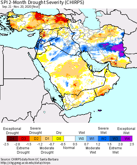 Middle East and Turkey SPI 2-Month Drought Severity (CHIRPS) Thematic Map For 9/21/2020 - 11/20/2020