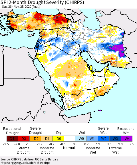 Middle East and Turkey SPI 2-Month Drought Severity (CHIRPS) Thematic Map For 9/26/2020 - 11/25/2020