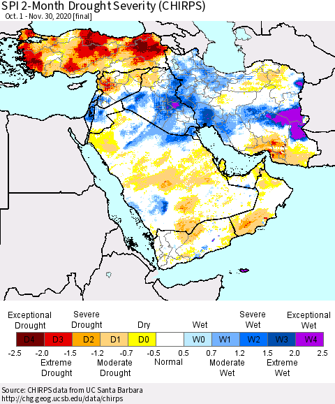 Middle East and Turkey SPI 2-Month Drought Severity (CHIRPS) Thematic Map For 10/1/2020 - 11/30/2020