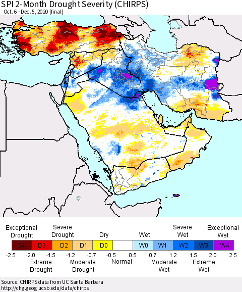 Middle East and Turkey SPI 2-Month Drought Severity (CHIRPS) Thematic Map For 10/6/2020 - 12/5/2020