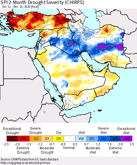Middle East and Turkey SPI 2-Month Drought Severity (CHIRPS) Thematic Map For 10/11/2020 - 12/10/2020