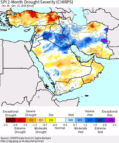 Middle East and Turkey SPI 2-Month Drought Severity (CHIRPS) Thematic Map For 10/16/2020 - 12/15/2020
