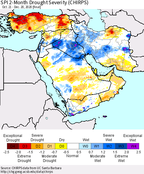 Middle East and Turkey SPI 2-Month Drought Severity (CHIRPS) Thematic Map For 10/21/2020 - 12/20/2020