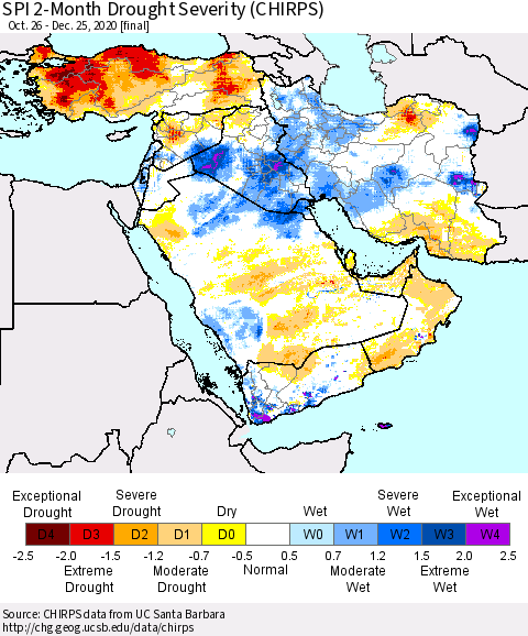 Middle East and Turkey SPI 2-Month Drought Severity (CHIRPS) Thematic Map For 10/26/2020 - 12/25/2020