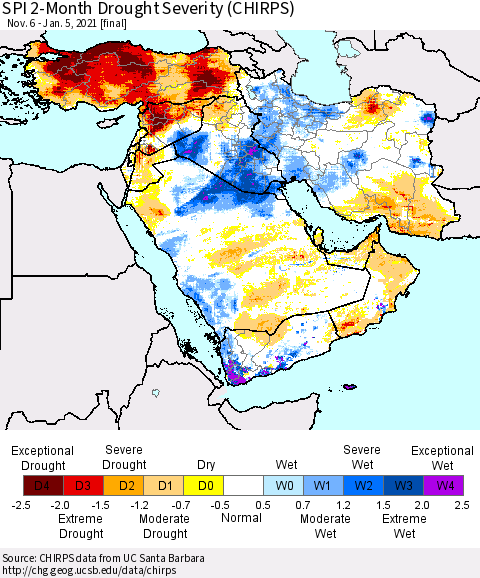 Middle East and Turkey SPI 2-Month Drought Severity (CHIRPS) Thematic Map For 11/6/2020 - 1/5/2021