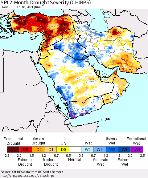 Middle East and Turkey SPI 2-Month Drought Severity (CHIRPS) Thematic Map For 11/11/2020 - 1/10/2021