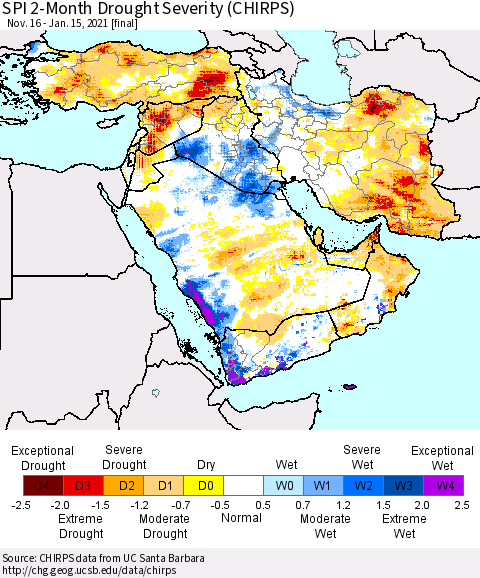 Middle East and Turkey SPI 2-Month Drought Severity (CHIRPS) Thematic Map For 11/16/2020 - 1/15/2021