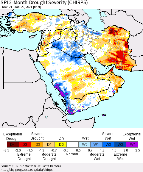 Middle East and Turkey SPI 2-Month Drought Severity (CHIRPS) Thematic Map For 11/21/2020 - 1/20/2021
