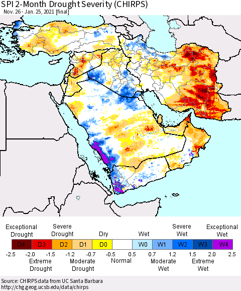 Middle East and Turkey SPI 2-Month Drought Severity (CHIRPS) Thematic Map For 11/26/2020 - 1/25/2021