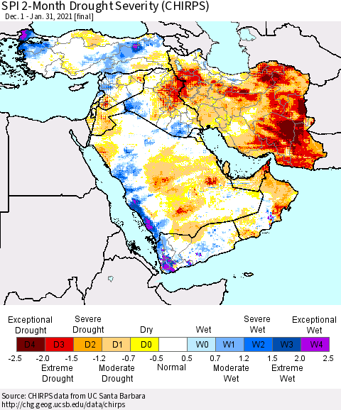 Middle East and Turkey SPI 2-Month Drought Severity (CHIRPS) Thematic Map For 12/1/2020 - 1/31/2021