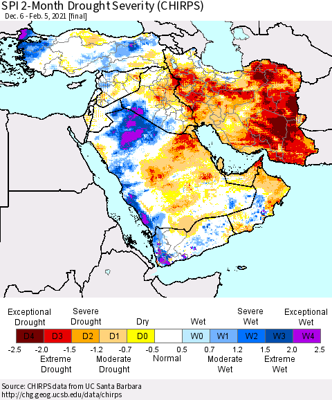 Middle East and Turkey SPI 2-Month Drought Severity (CHIRPS) Thematic Map For 12/6/2020 - 2/5/2021
