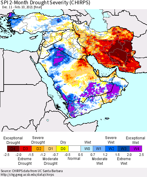 Middle East and Turkey SPI 2-Month Drought Severity (CHIRPS) Thematic Map For 12/11/2020 - 2/10/2021