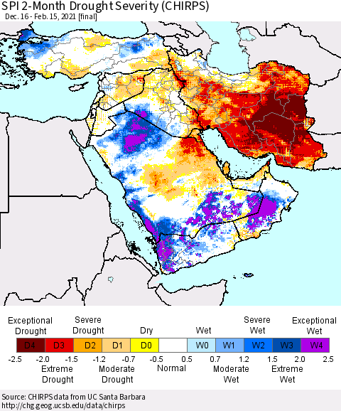 Middle East and Turkey SPI 2-Month Drought Severity (CHIRPS) Thematic Map For 12/16/2020 - 2/15/2021