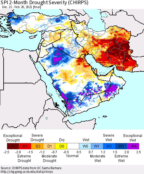 Middle East and Turkey SPI 2-Month Drought Severity (CHIRPS) Thematic Map For 12/21/2020 - 2/20/2021
