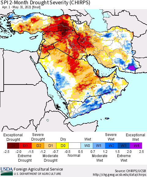 Middle East and Turkey SPI 2-Month Drought Severity (CHIRPS) Thematic Map For 4/1/2021 - 5/31/2021
