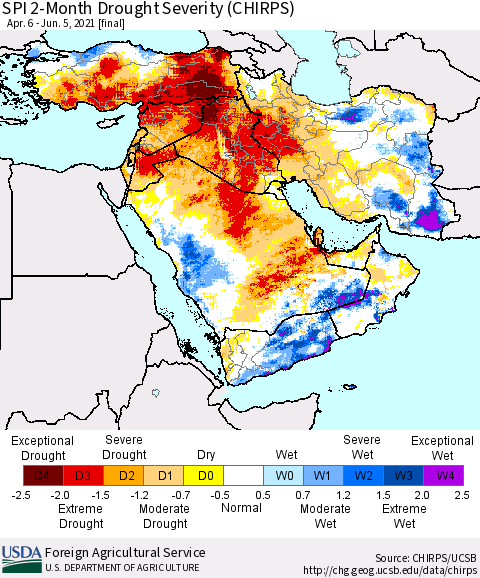 Middle East and Turkey SPI 2-Month Drought Severity (CHIRPS) Thematic Map For 4/6/2021 - 6/5/2021