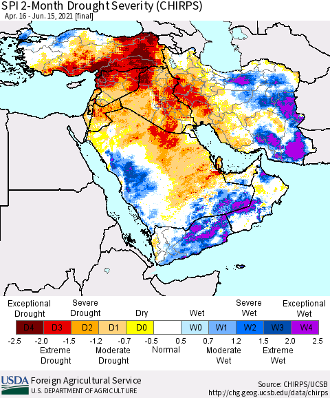 Middle East and Turkey SPI 2-Month Drought Severity (CHIRPS) Thematic Map For 4/16/2021 - 6/15/2021