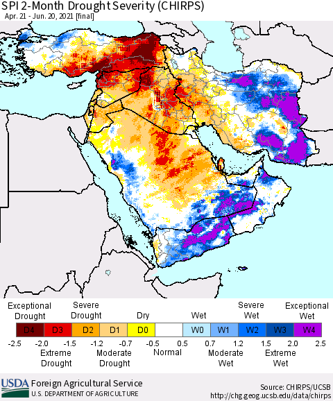 Middle East and Turkey SPI 2-Month Drought Severity (CHIRPS) Thematic Map For 4/21/2021 - 6/20/2021