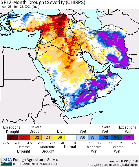 Middle East and Turkey SPI 2-Month Drought Severity (CHIRPS) Thematic Map For 4/26/2021 - 6/25/2021