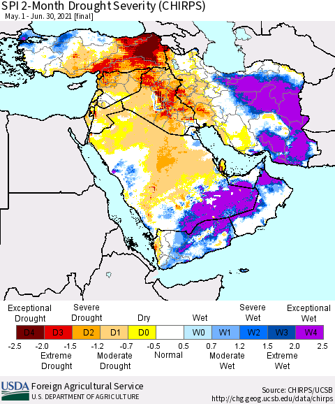Middle East and Turkey SPI 2-Month Drought Severity (CHIRPS) Thematic Map For 5/1/2021 - 6/30/2021