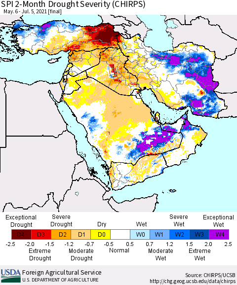 Middle East and Turkey SPI 2-Month Drought Severity (CHIRPS) Thematic Map For 5/6/2021 - 7/5/2021