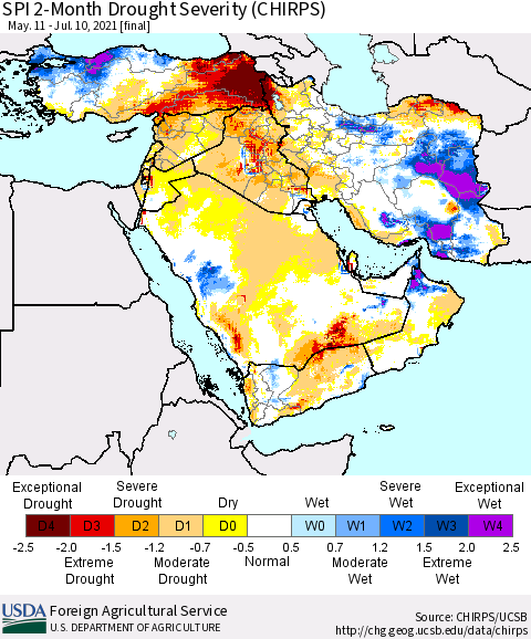 Middle East and Turkey SPI 2-Month Drought Severity (CHIRPS) Thematic Map For 5/11/2021 - 7/10/2021