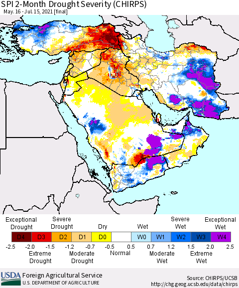 Middle East and Turkey SPI 2-Month Drought Severity (CHIRPS) Thematic Map For 5/16/2021 - 7/15/2021