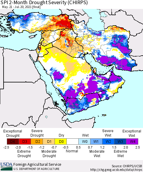 Middle East and Turkey SPI 2-Month Drought Severity (CHIRPS) Thematic Map For 5/21/2021 - 7/20/2021