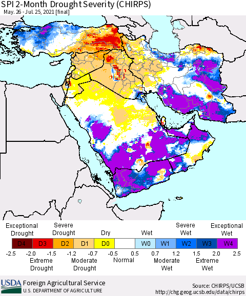 Middle East and Turkey SPI 2-Month Drought Severity (CHIRPS) Thematic Map For 5/26/2021 - 7/25/2021
