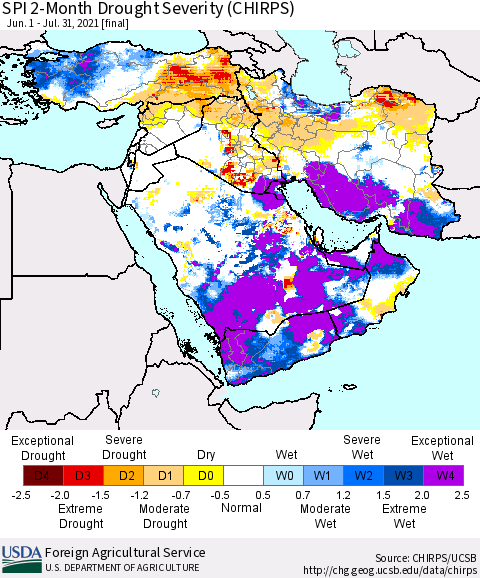 Middle East and Turkey SPI 2-Month Drought Severity (CHIRPS) Thematic Map For 6/1/2021 - 7/31/2021